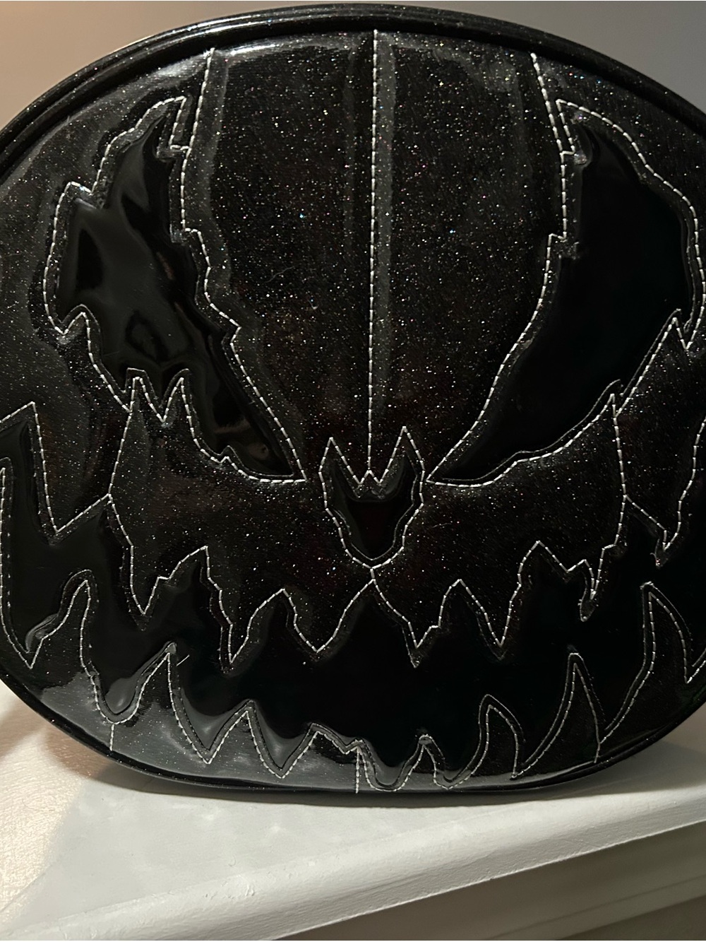 Love Pain and Stiches Pumpkin Kult two sided Black Glitter Crossbody Bag